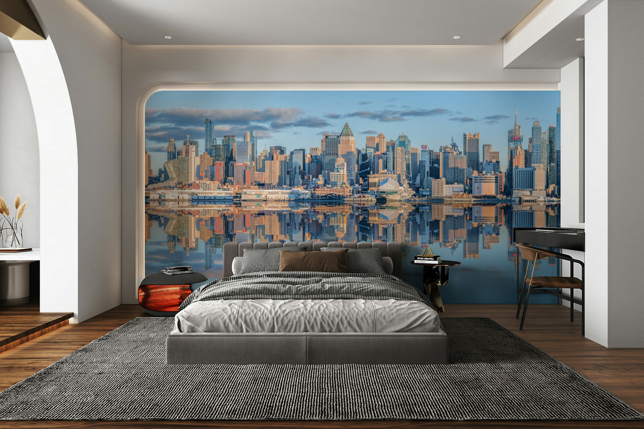 Manhattan cityscape mirror wall mural with reflective skyline

