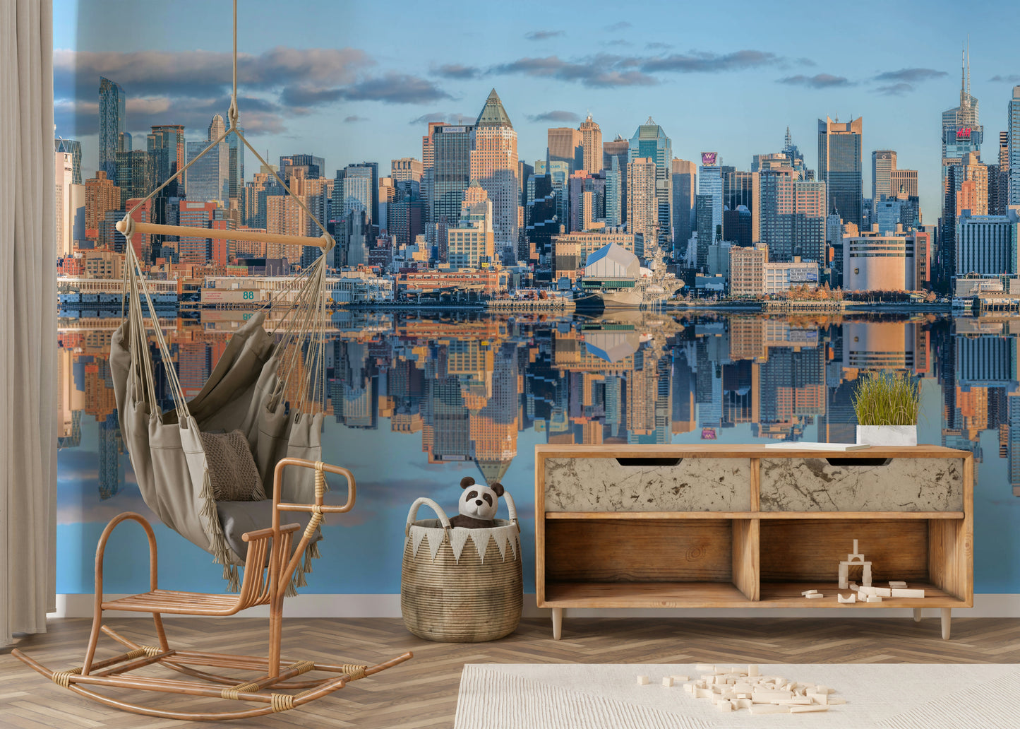 Modern Manhattan city mural with mirrored water reflections

