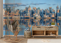 Modern Manhattan city mural with mirrored water reflections

