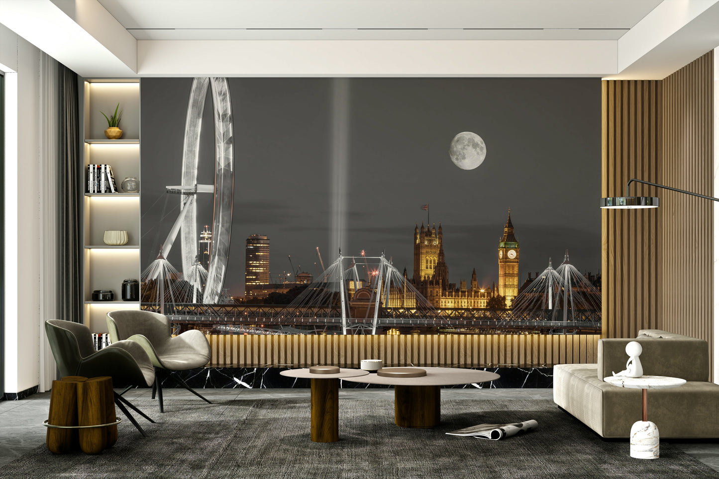 Scenic mural of Westminster Abbey and illuminated skyline

