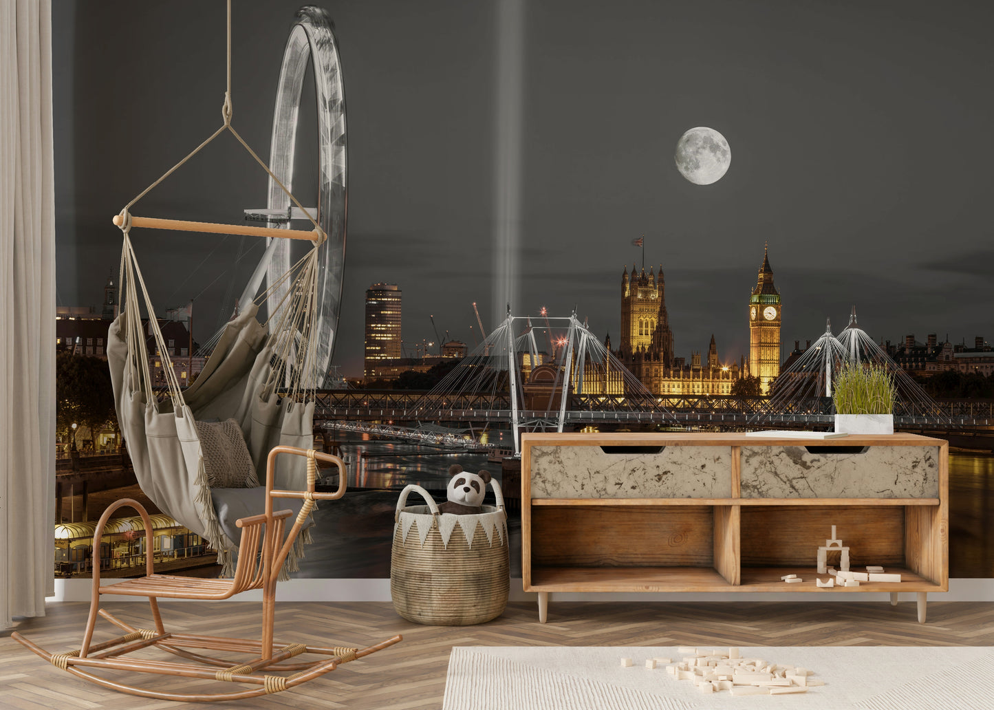 London skyline mural with Westminster Abbey and Big Ben

