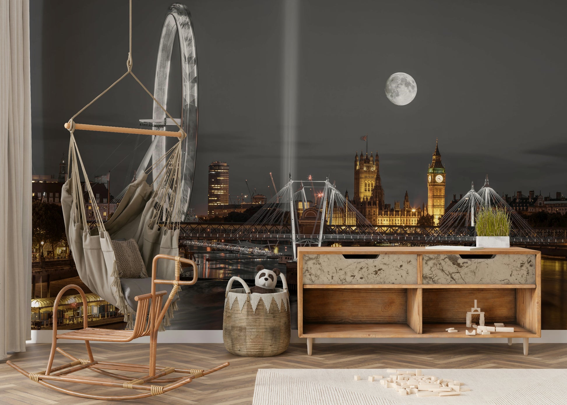 London skyline mural with Westminster Abbey and Big Ben

