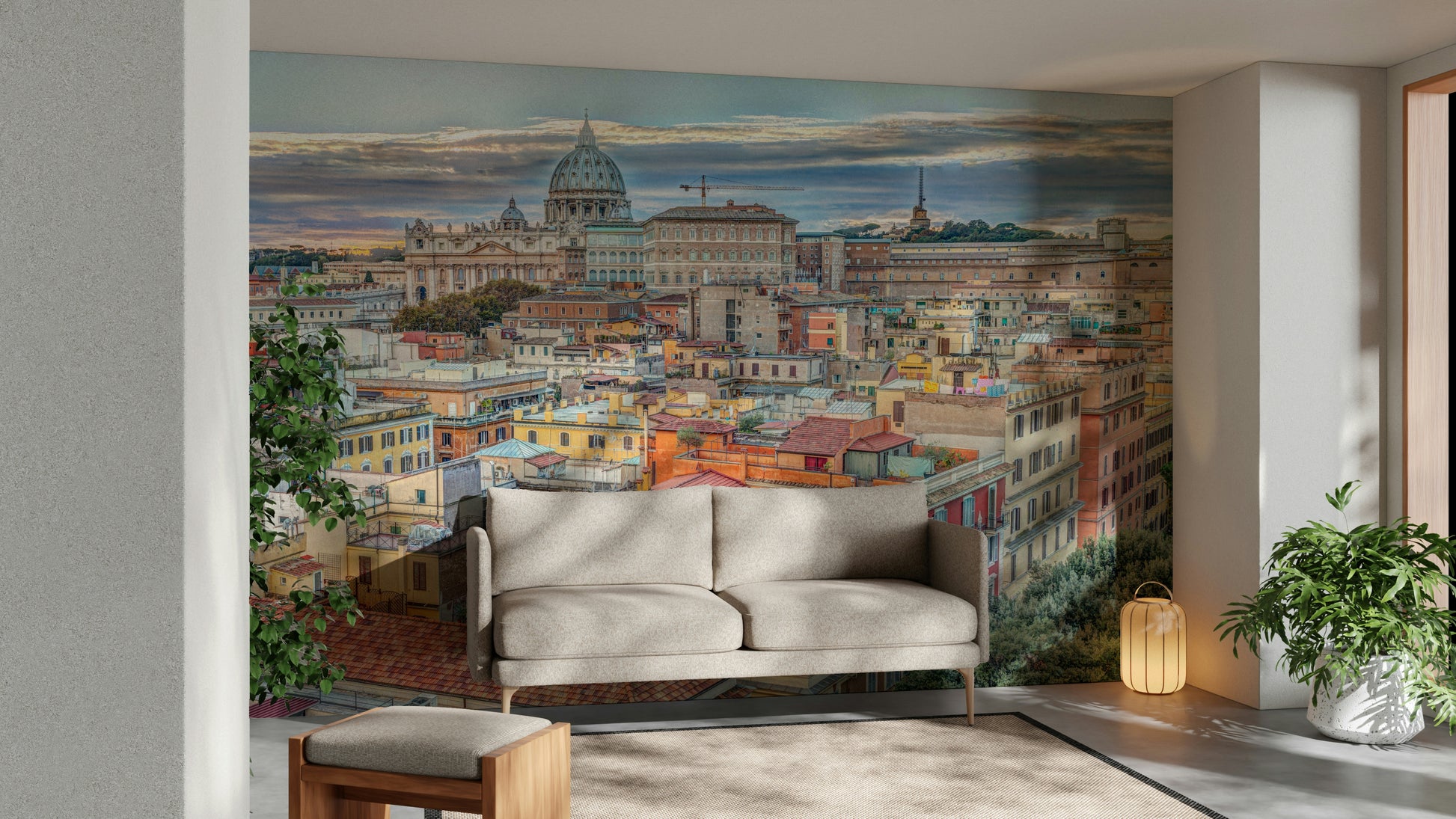 Scenic mural of St. Peter’s Basilica and Rome rooftops

