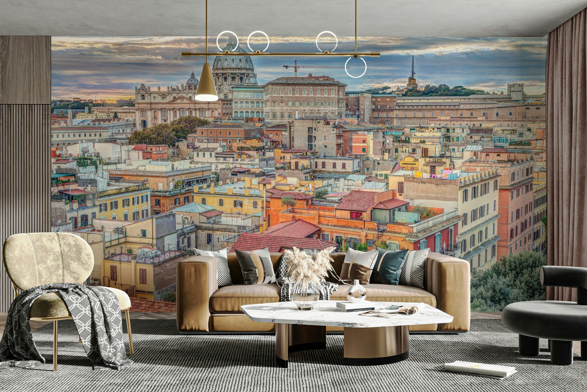 Colorful cityscape mural of Vatican and Roman skyline

