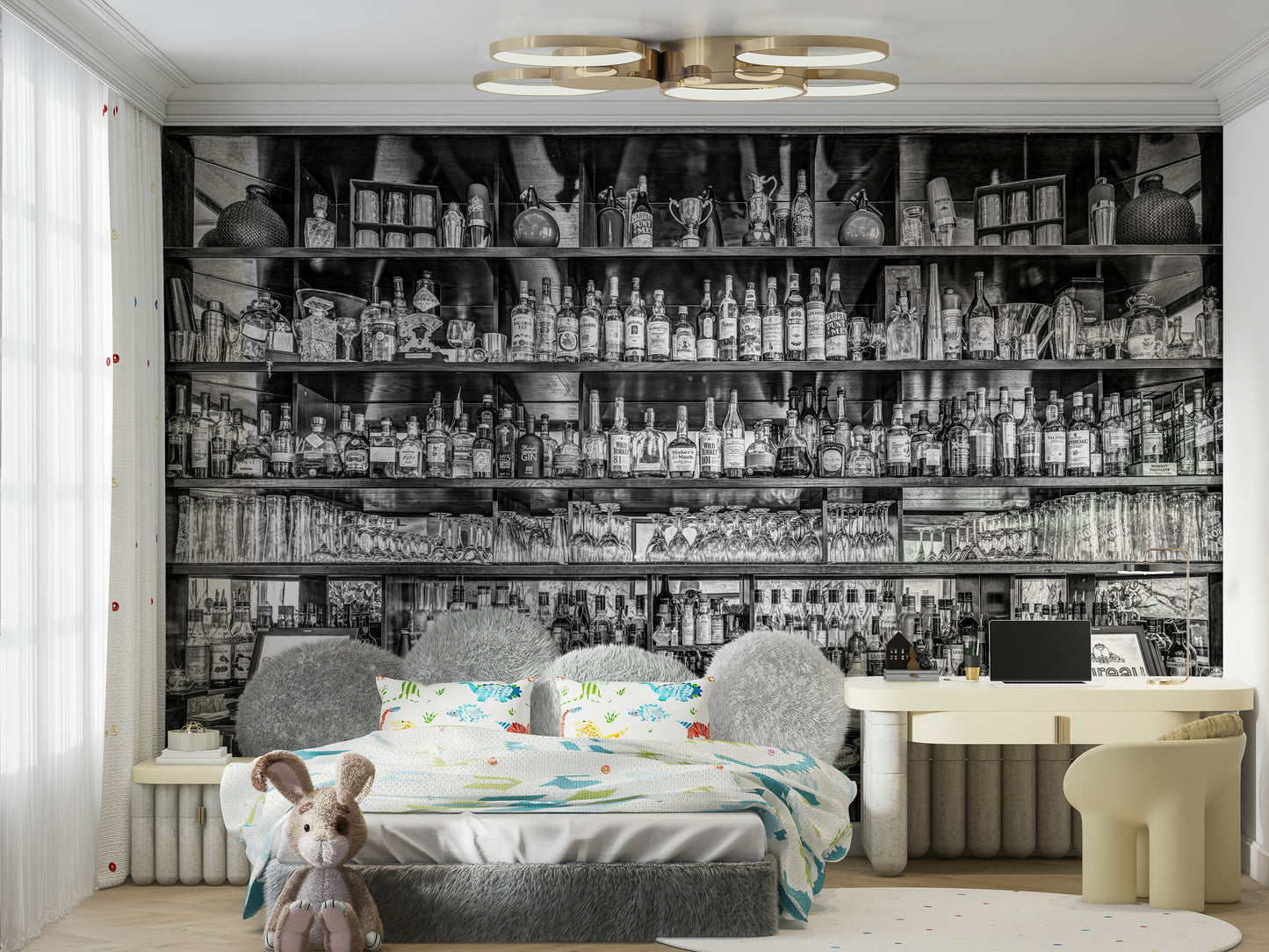 Historic bar wall mural with full bottle collection

