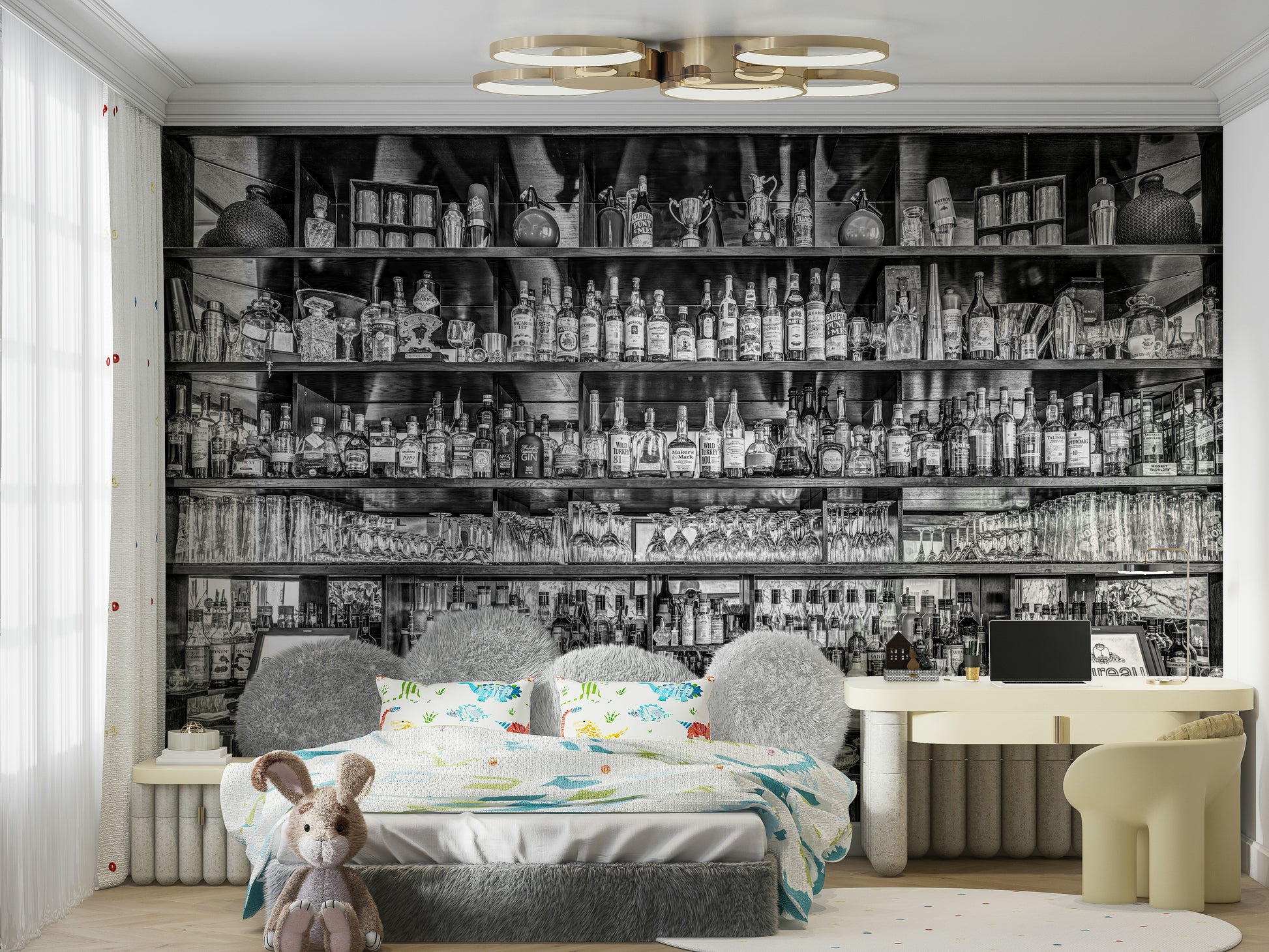 Historic bar wall mural with full bottle collection

