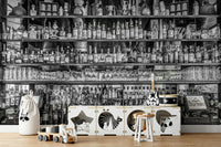 Retro bar scene mural in monochrome tones

