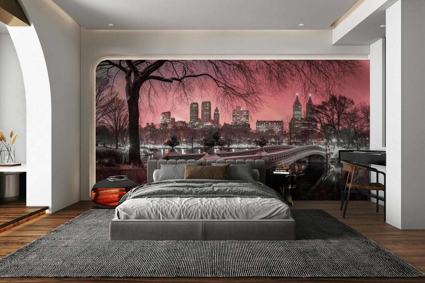 Relaxing pink dusk over Central Park mural for a soothing atmosphere.

