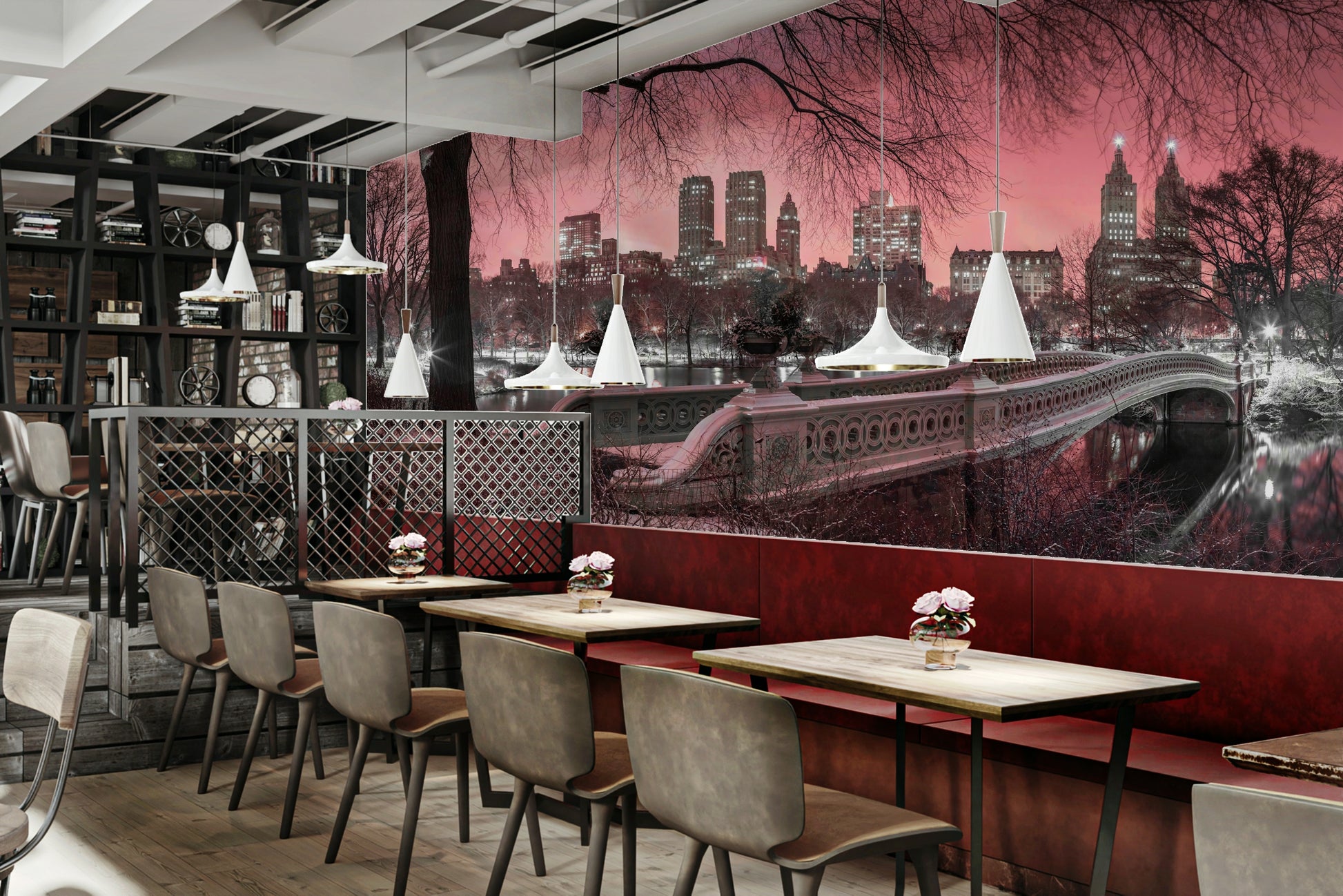 A calming view of Central Park at twilight with a pink sky captured in a mural.

