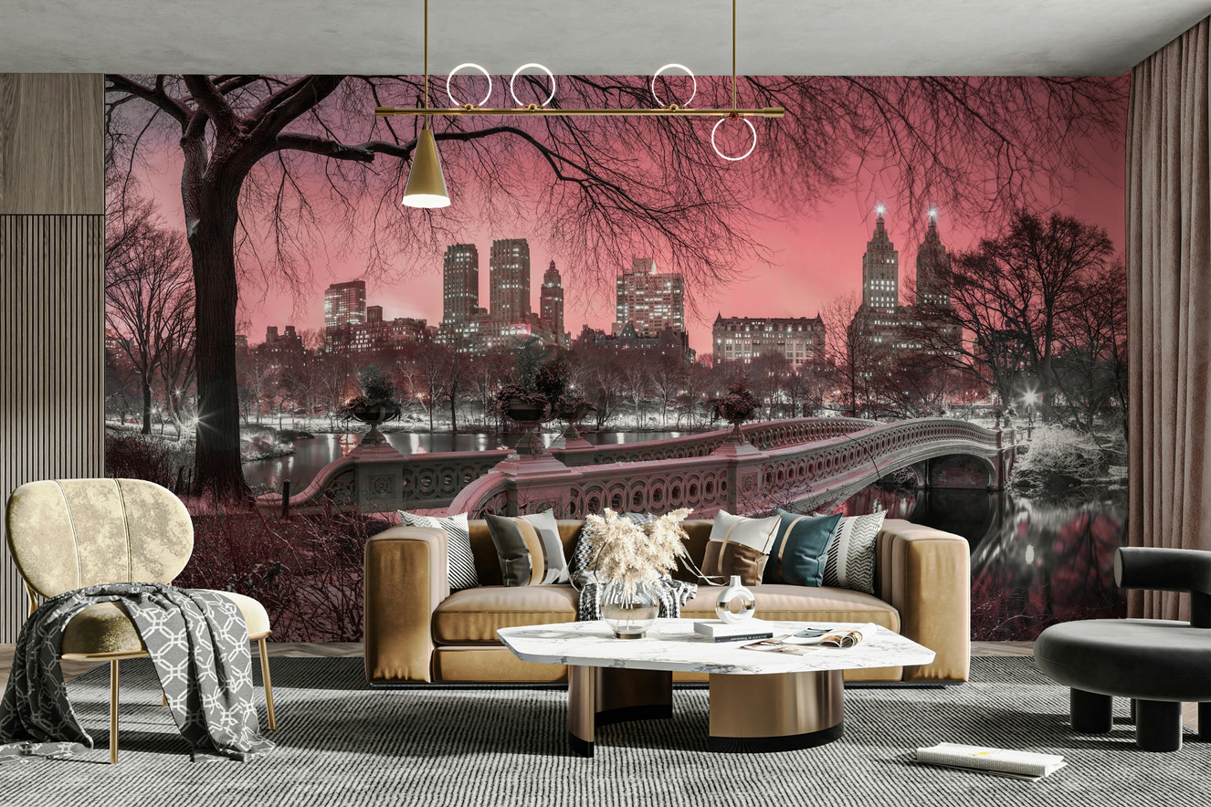 Pink Dusk over Central Park Wall Mural showcasing a peaceful sunset view.

