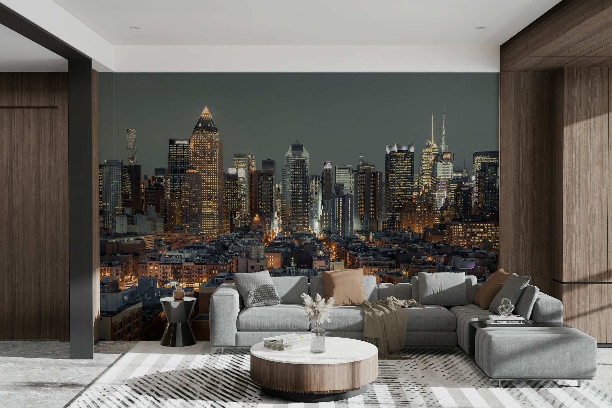 Beautiful nighttime view of New York City's skyline with glowing lights.

