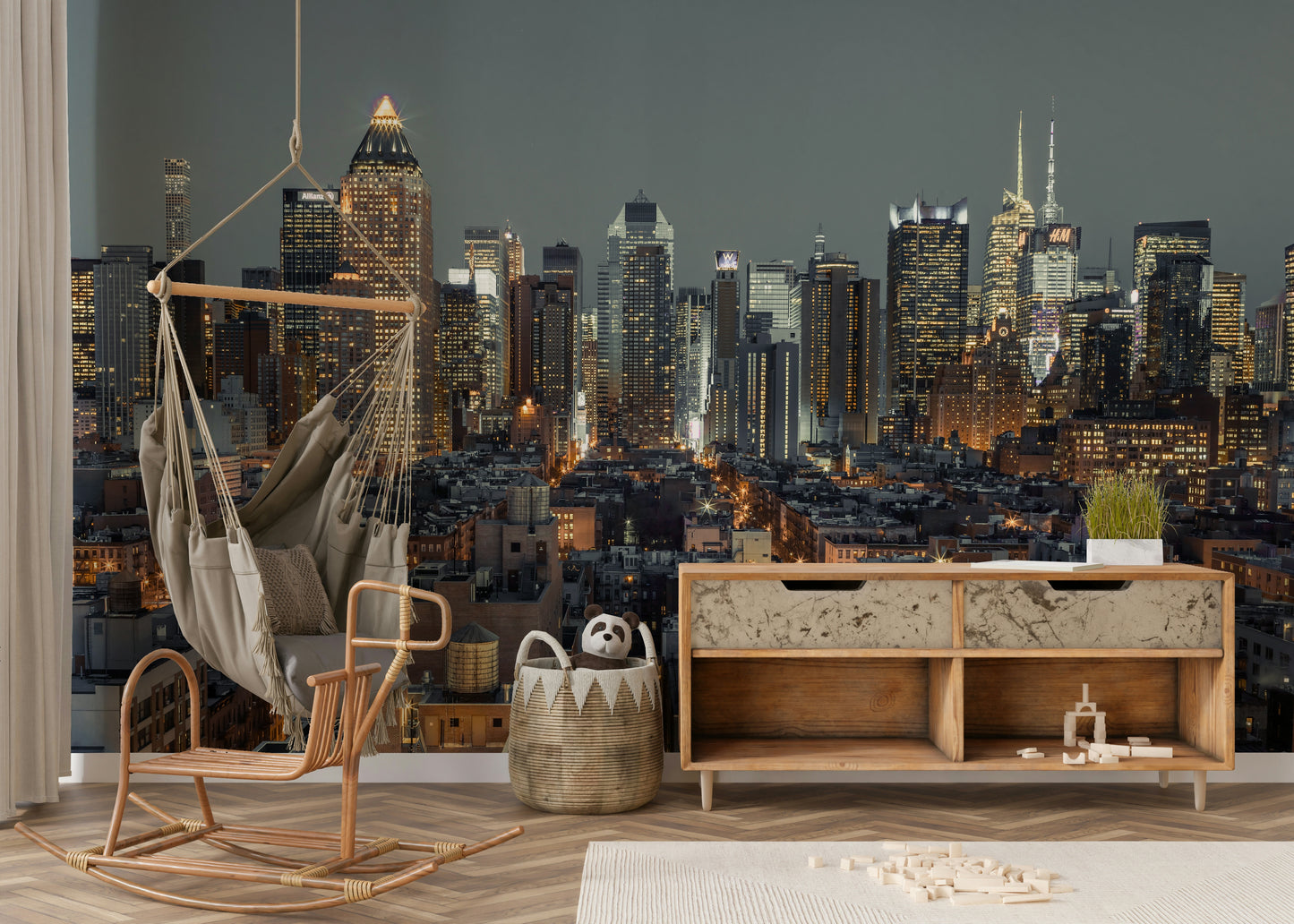 Urban New York City at night mural with city lights reflecting in the water.

