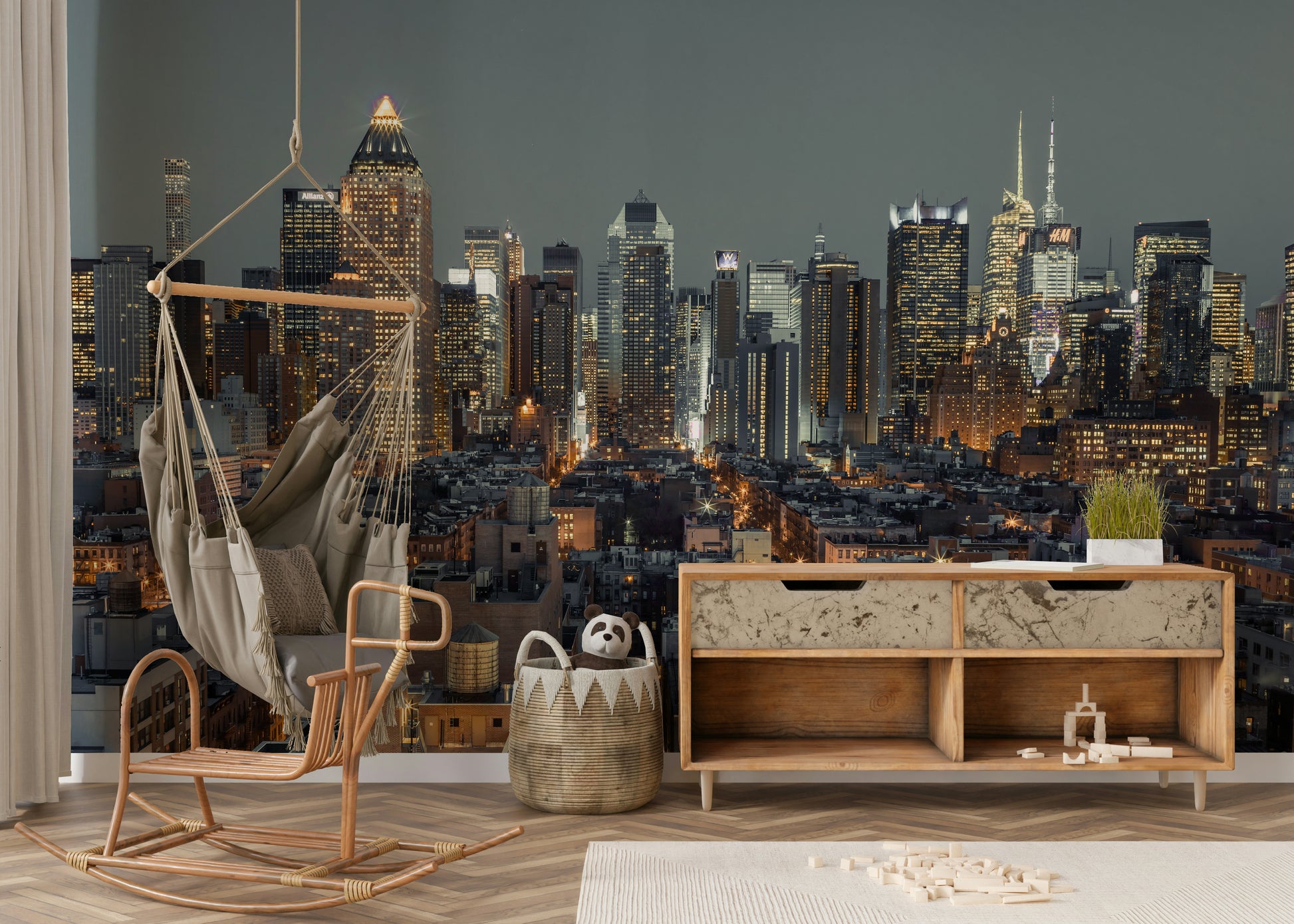 Urban New York City at night mural with city lights reflecting in the water.

