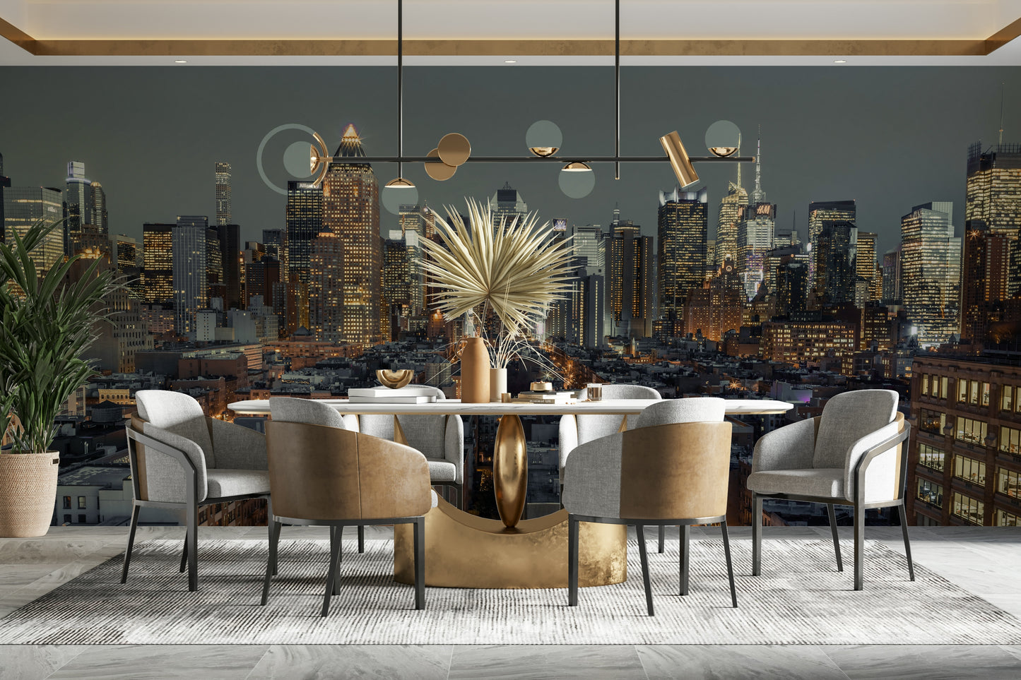 Capture the bold essence of New York’s nighttime skyline in this mural.

