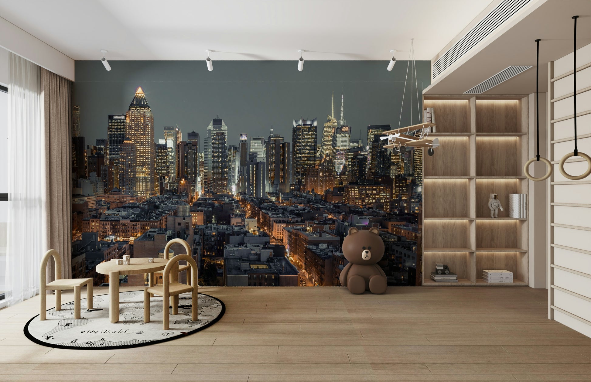 New York City lights reflected on water in a dynamic nightscape mural.

