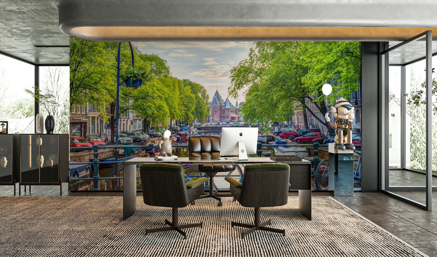 Perfect urban charm: Amsterdam canal with bikes in a stunning wall mural.

