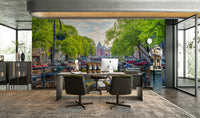 Perfect urban charm: Amsterdam canal with bikes in a stunning wall mural.


