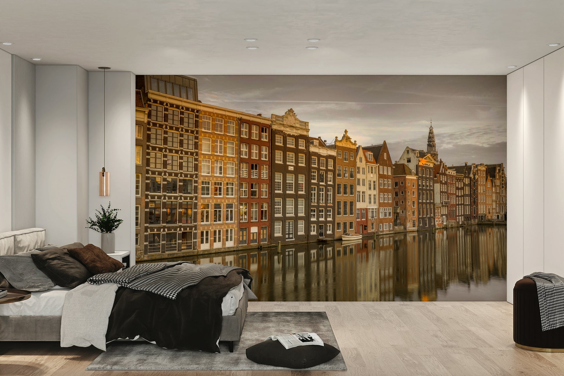 Dutch canal houses captured in a serene, picturesque wall mural.

