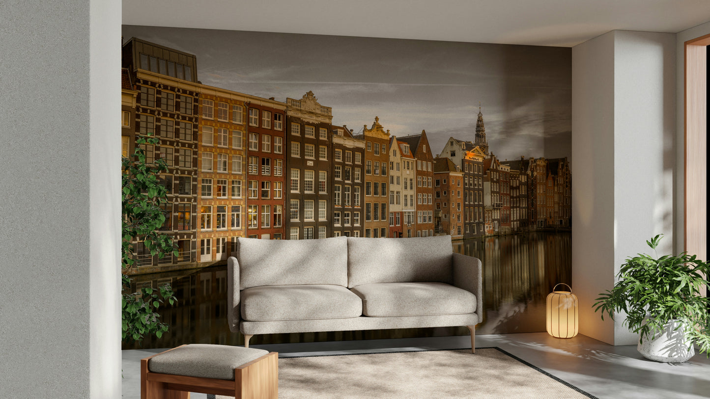 Peaceful cityscape mural of houses along a quiet canal for your space.


