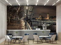 Peaceful night view of the Thames River and London skyline mural.

