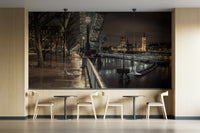 Thames River at night with London skyline captured in a wall mural.

