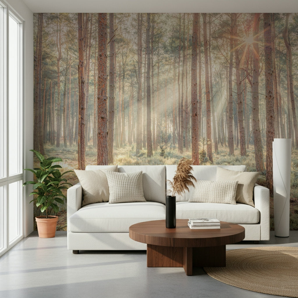 Sunrise's Kiss in the Misty Forest Wall Mural