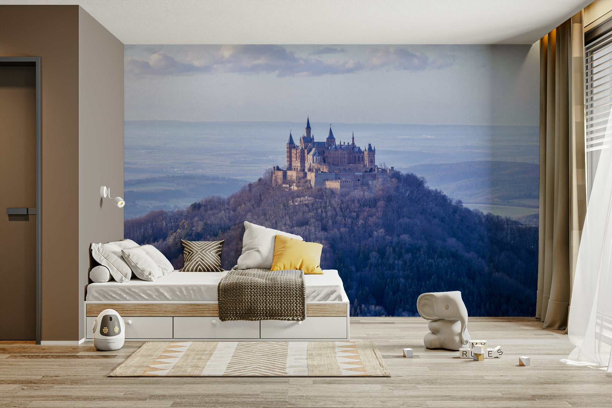 Fairy tale-style castle mural in early morning light

