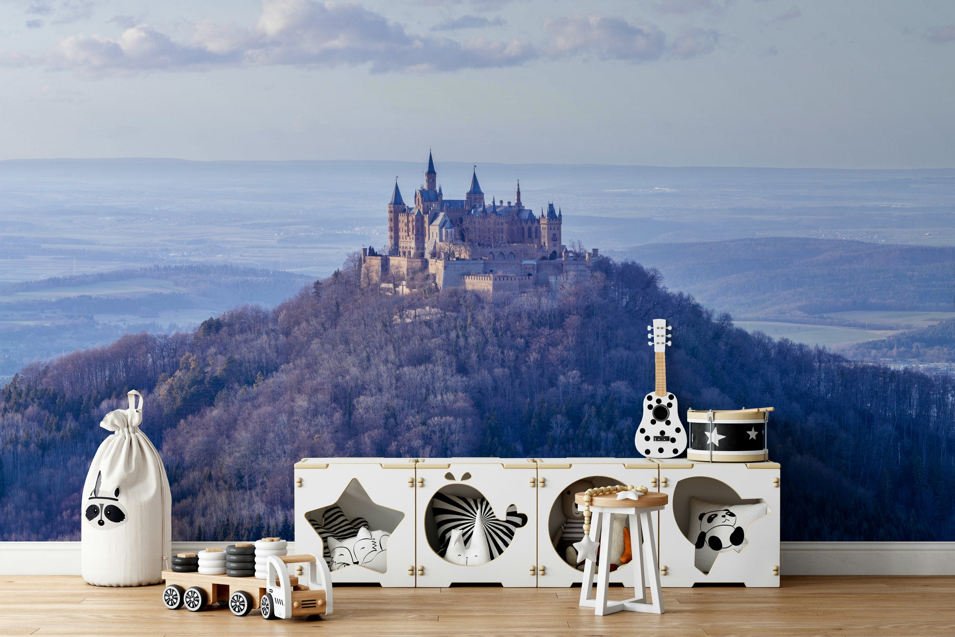 Regal castle mural with sweeping countryside view

