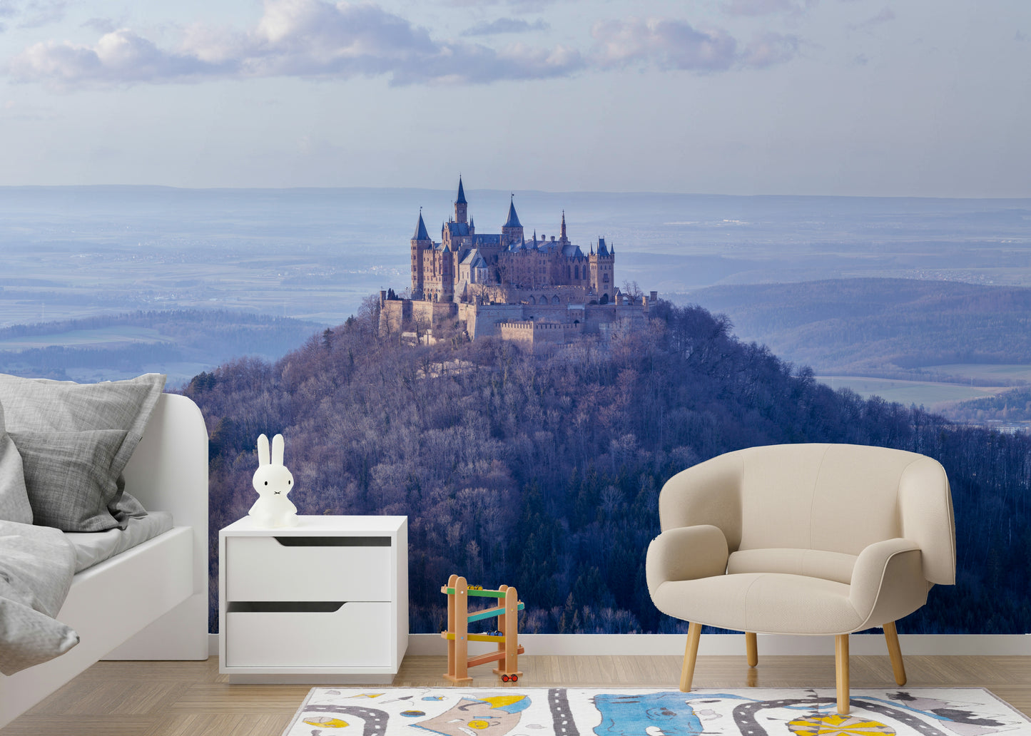 Historic German castle wallpaper with misty backdrop


