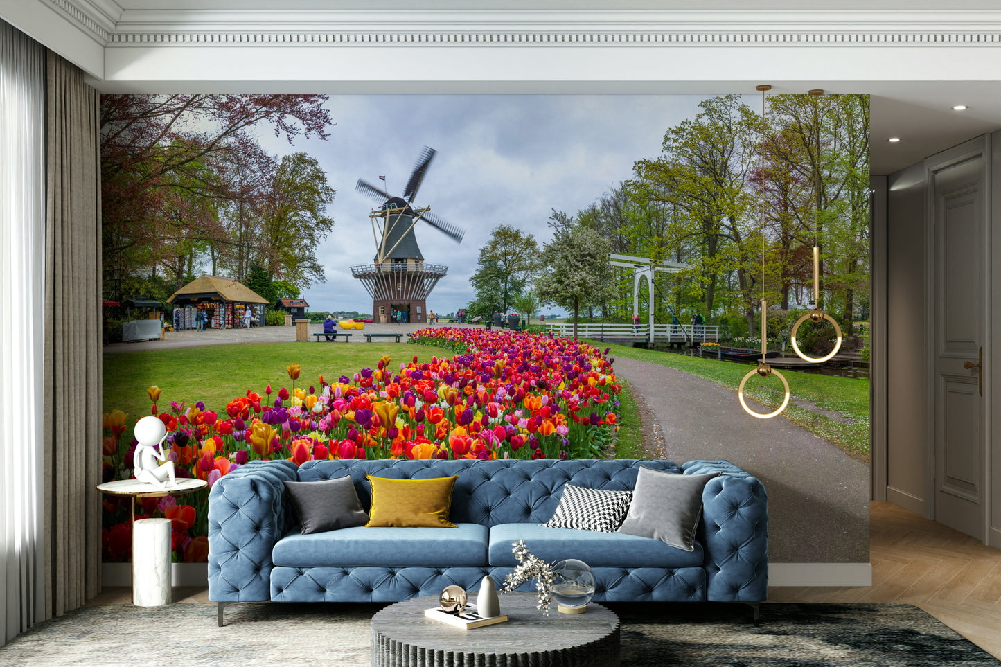 Floral landscape mural featuring windmill and blooms

