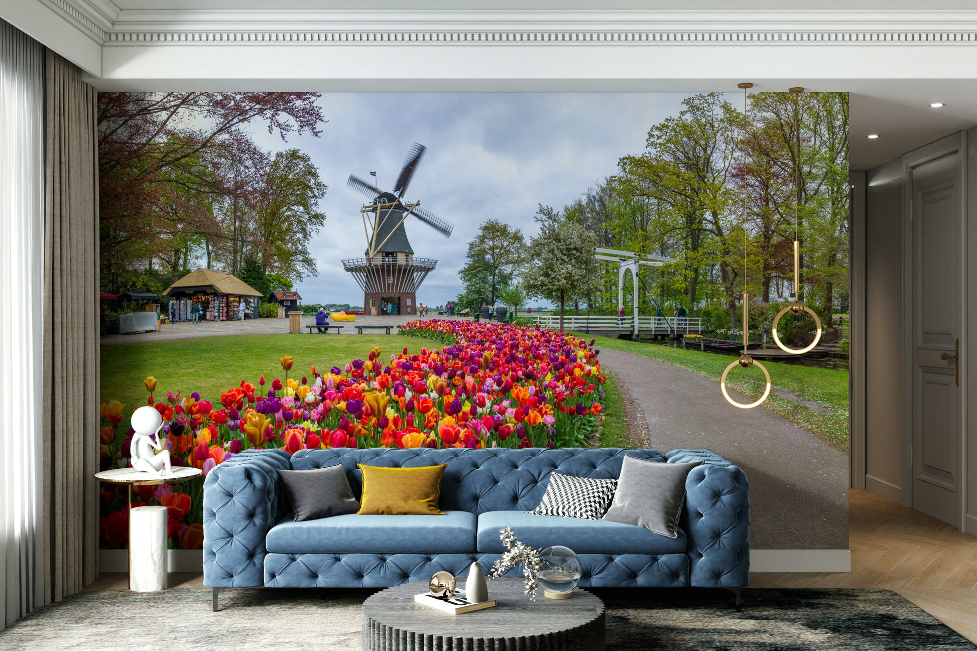 Floral landscape mural featuring windmill and blooms

