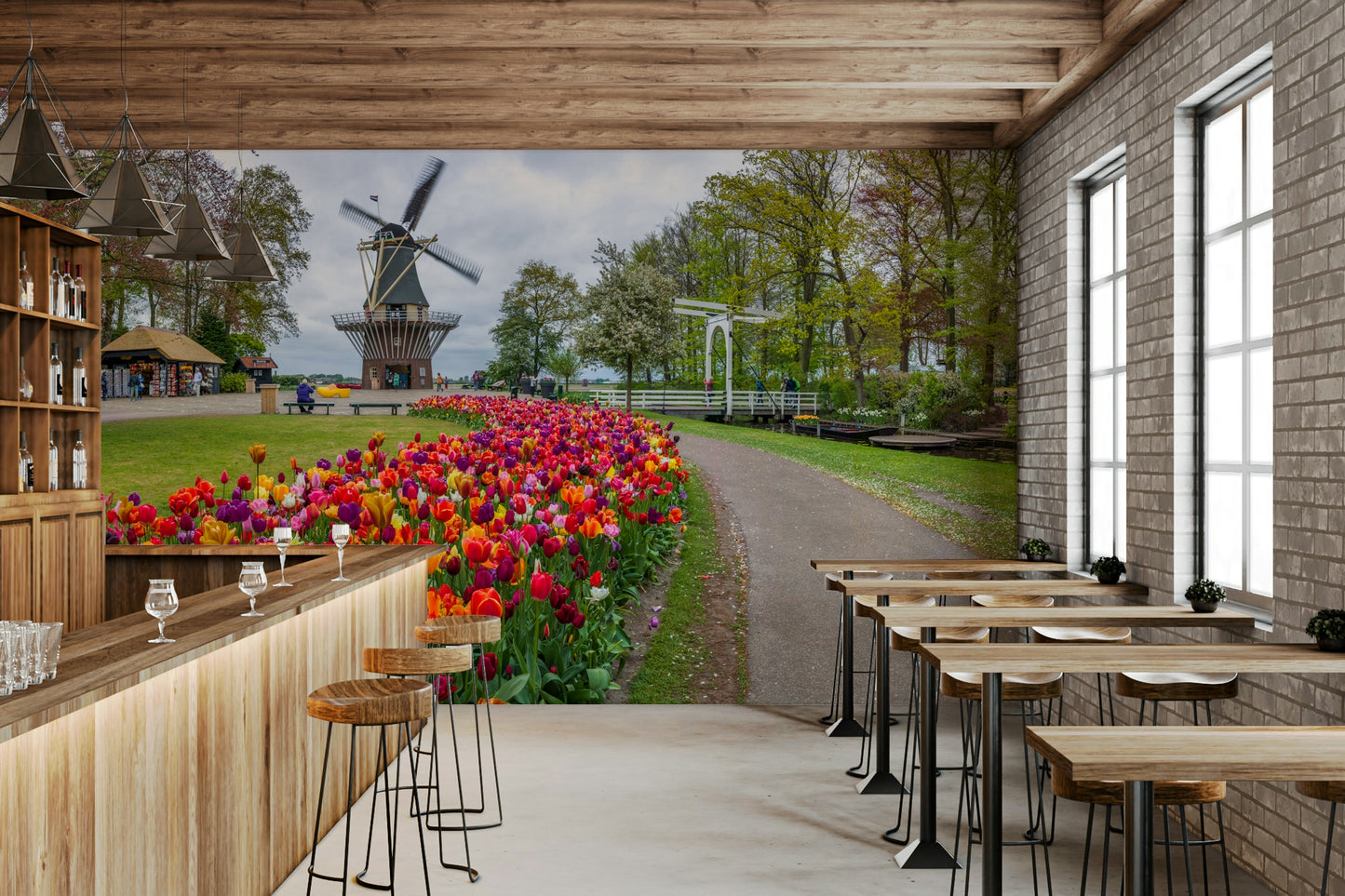Vibrant garden mural with red, orange, and purple tulips

