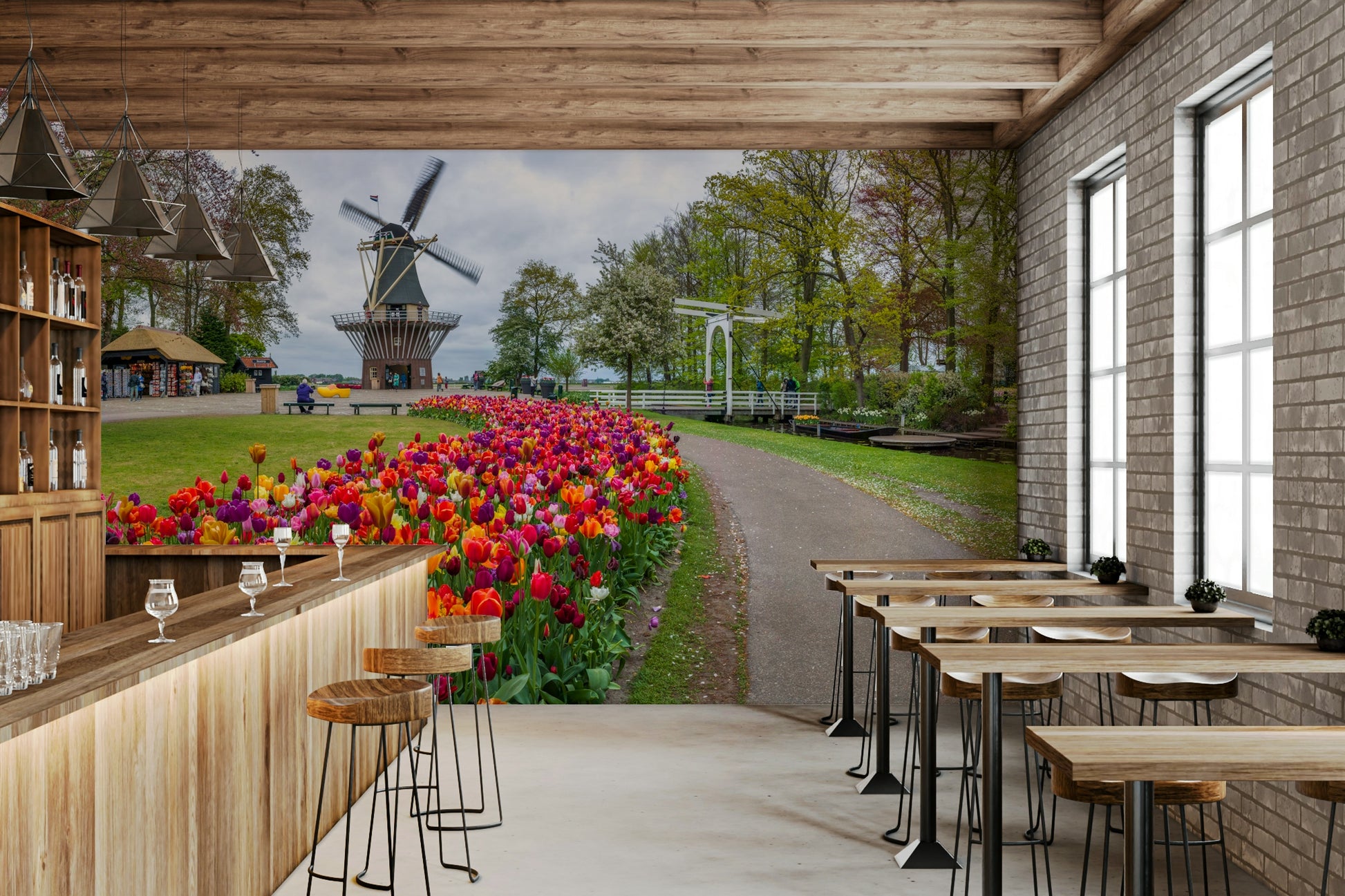 Vibrant garden mural with red, orange, and purple tulips

