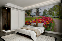 Garden wall mural with tulips and Dutch windmill

