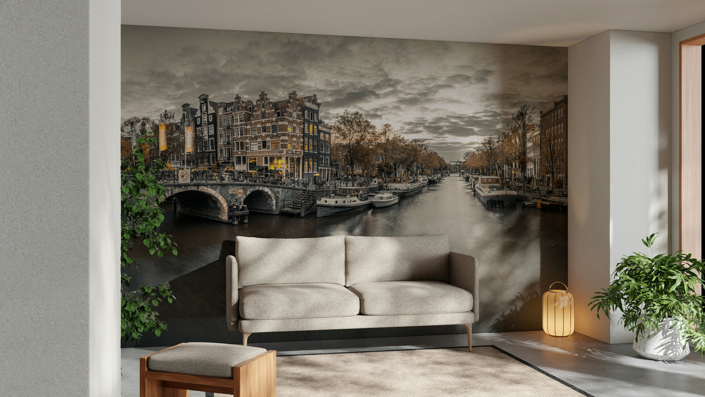 Urban mural of Amsterdam at dusk with boats


