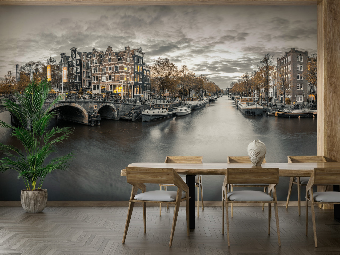 Dutch canal mural with twilight reflections

