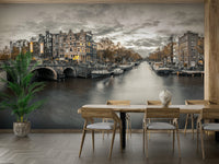 Dutch canal mural with twilight reflections

