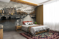 Evening boats and buildings mural in Amsterdam

