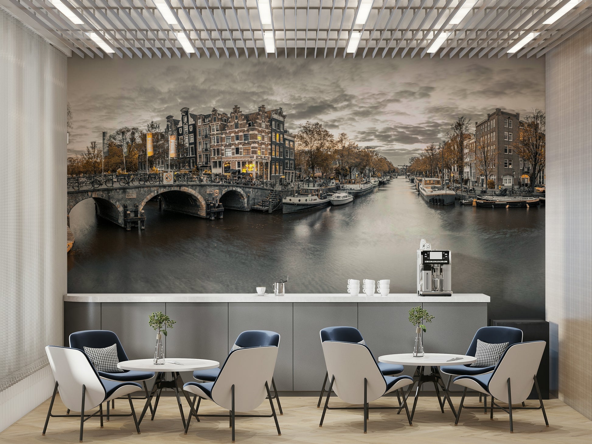 Amsterdam bridge and waterway mural at sunset


