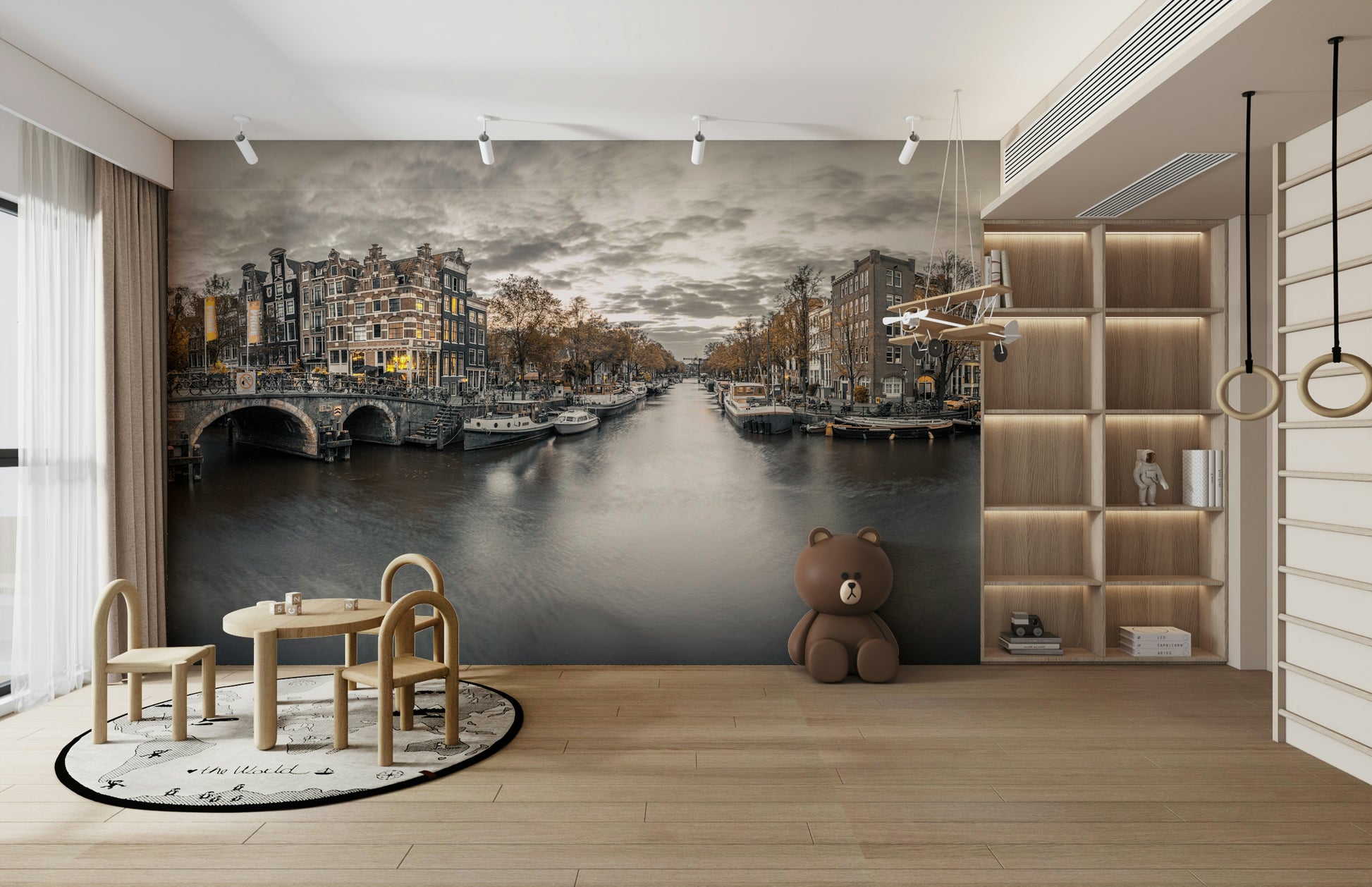 Canal houses and bridge in dusk mural setting

