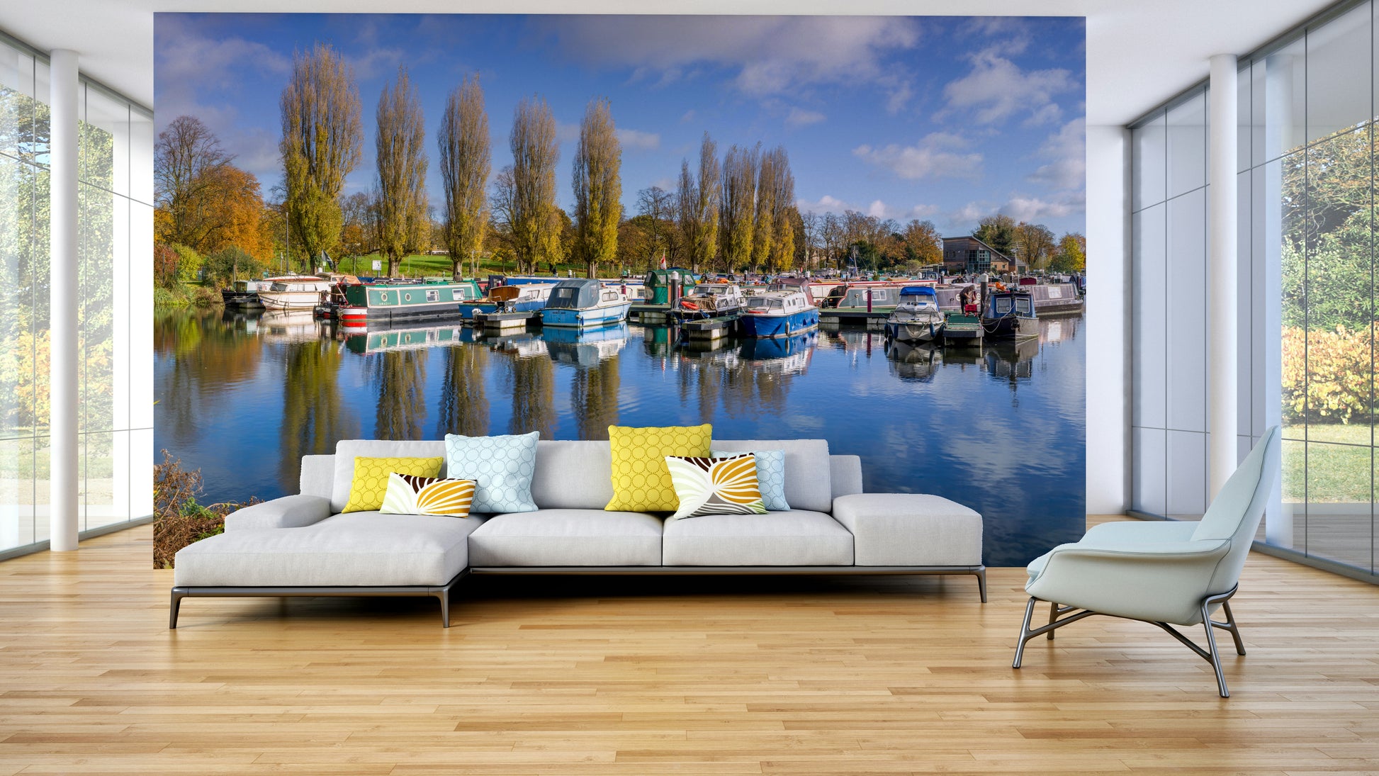 Wall mural of peaceful harbor scene with boats and trees

