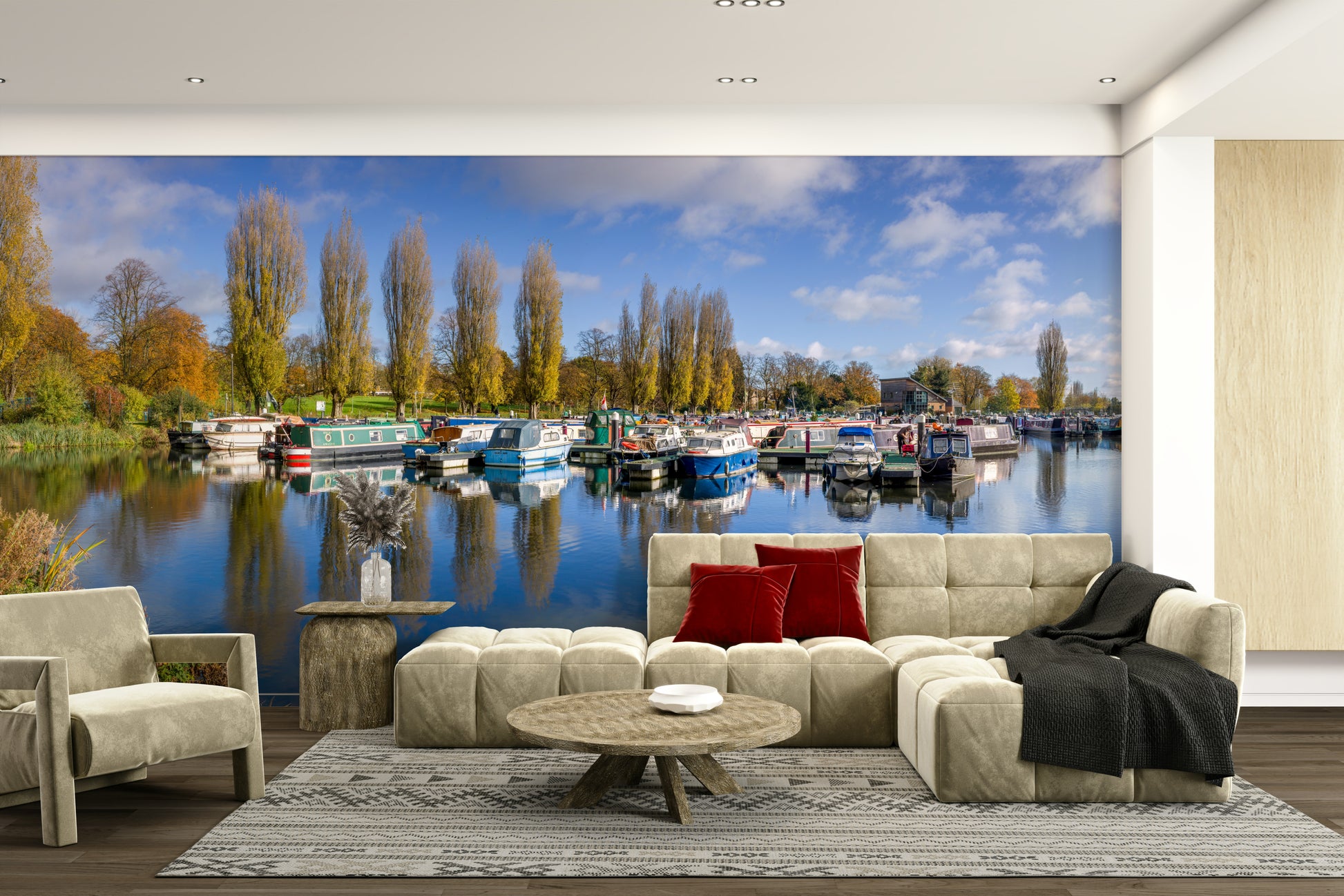 English countryside marina mural with clear skies

