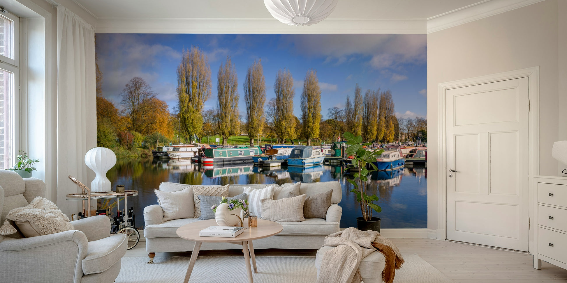 Peaceful marina wallpaper with blue sky and clouds

