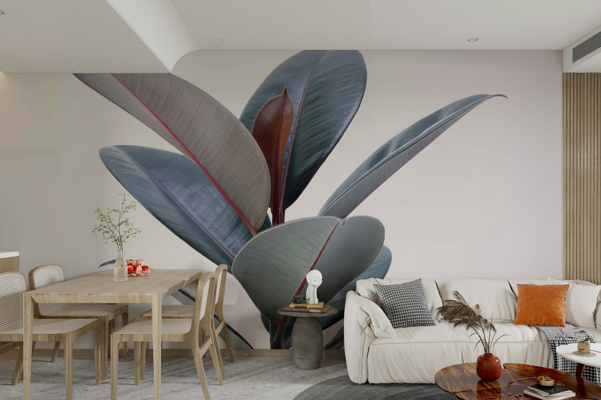 Green plant mural with bold leaf structure and veins

