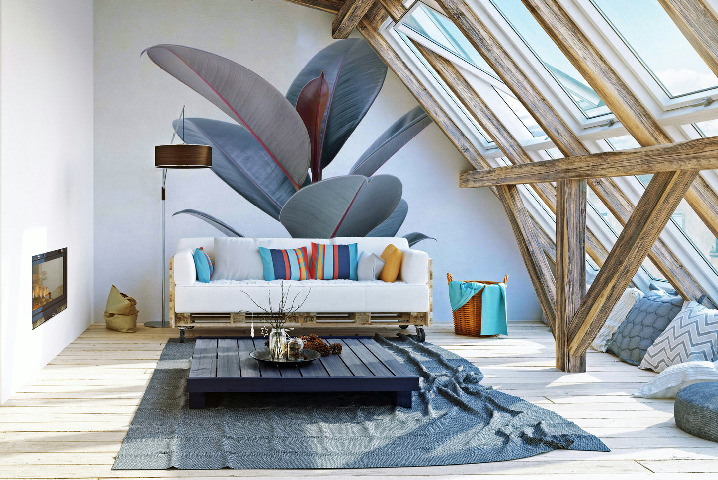 Tropical foliage wallpaper with modern rubber plant

