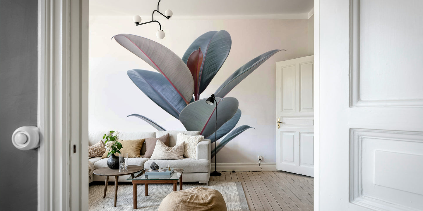 Elegant green leaf mural with red midribs detail

