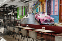 Retro Cuban street scene with pastel buildings mural

