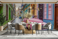 Pastel-colored buildings and retro car mural design

