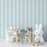 Baby blue modern wallpaper with vertical beige stripes

