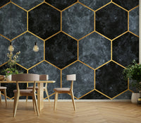 Gold-lined hexagonal mural on soft blue background

